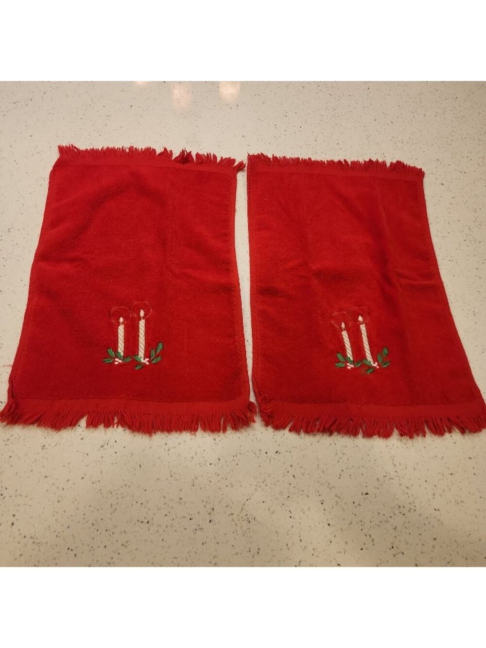 Two Vintage Cannon USA Embroidered Christmas Hand Towels Cotton Terry Fringe Red